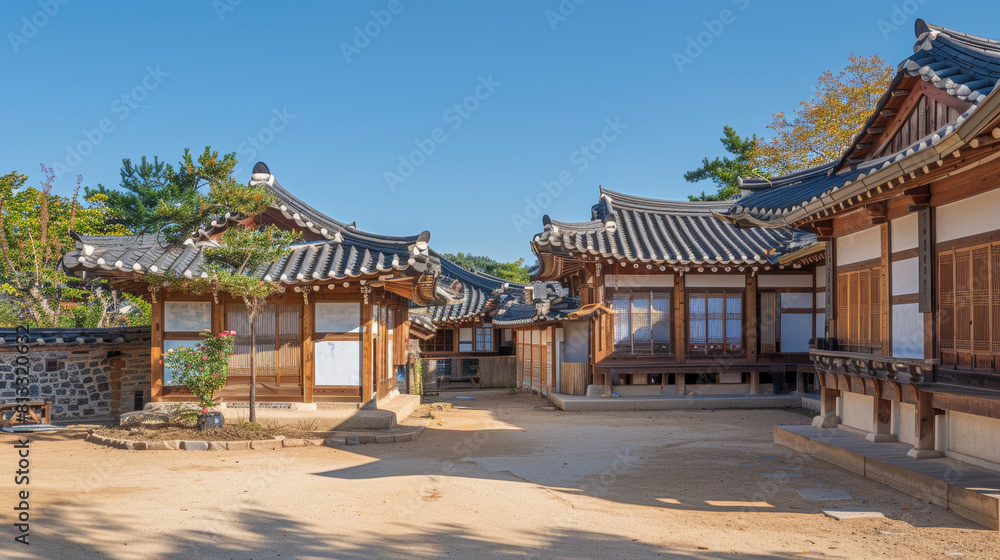 Warm daylight scene of a historic Korean village street, traditional hanok buildings Warm daylight scene of a historic Korean village street, traditional hanok buildings