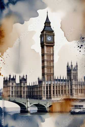 Big Ben and houses of parliament city clipart in watercolor style, cityscape wall art.