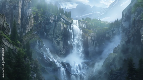 This is a beautiful landscape of a waterfall in the mountains.