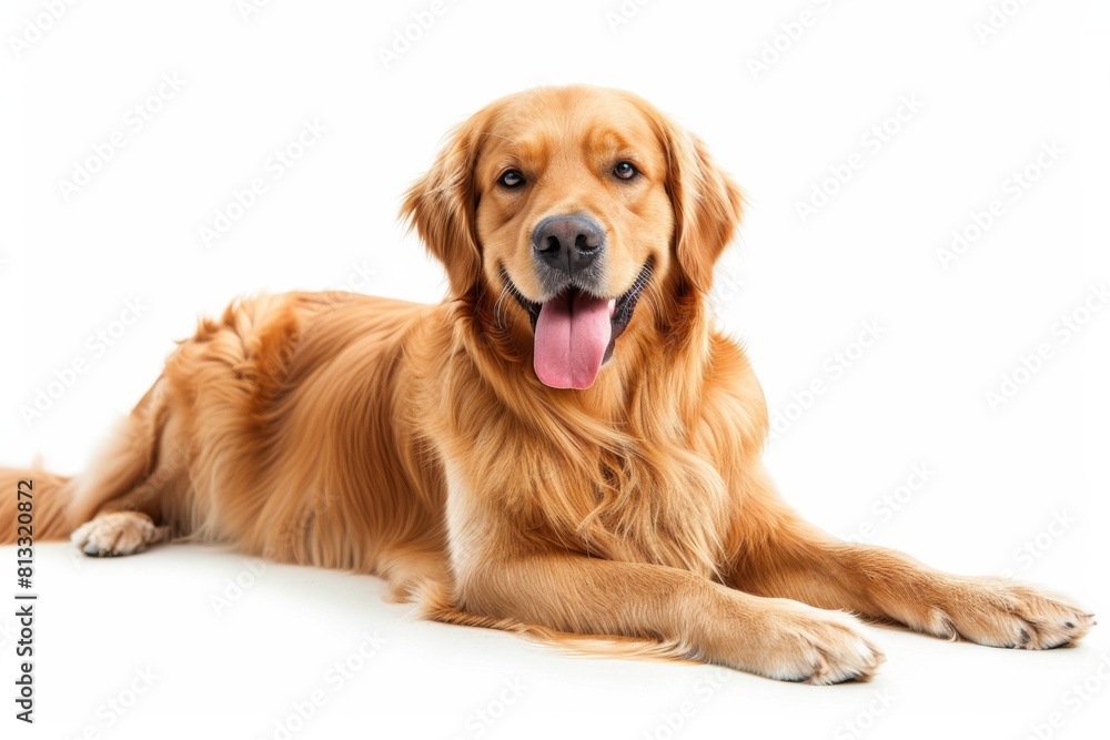 Joyful golden retriever with a big smile and tongue out, tail wagging in a blur, relaxing on a floor against a bright white backdrop