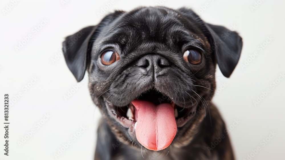 Playful and amusing pug portrayed with a humorous expression, eyes crossed and tongue out, providing laughter on a bright white background