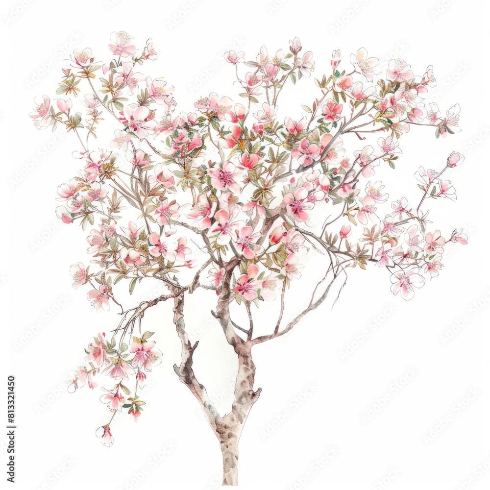 Watercolor painting of a delicate almond tree in bloom, with branches covered in pink and white blossoms, Generative AI Watercolor painting of a delicate almond tree in bloom, with branches covered in pink and white blossoms, Generative AI