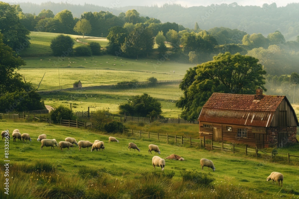 Obraz premium A charming countryside landscape with grazing sheep and rustic barns