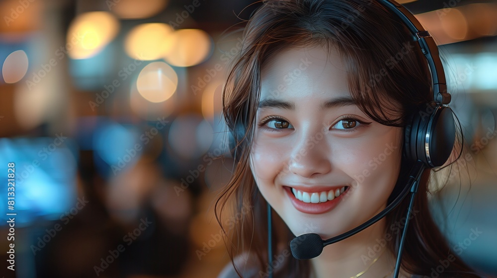 Smiling Woman with Headset in Office Smiling Woman with Headset in Office