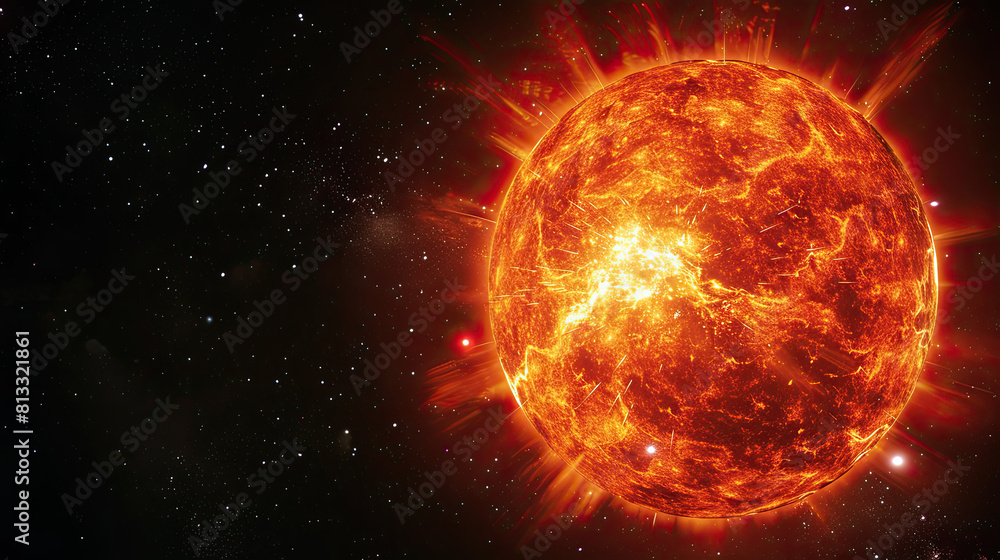 Intense image of a red giant star ablaze with fiery orange and red hues, dramatically set against the dark expanse of space speckled with stars. Intense image of a red giant star ablaze with fiery orange and red hues, dramatically set against the dark expanse of space speckled with stars.