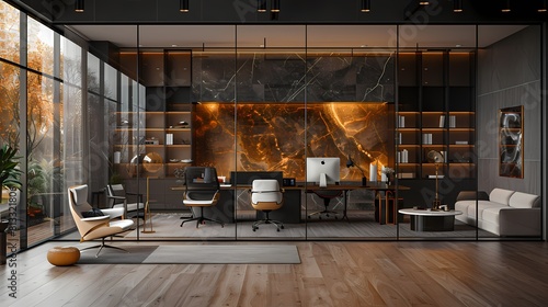 A futuristic glass-walled workspace with modular black desks, white swivel chairs, and gold task lamps, fostering creativity and collaboration in a modern setting photo