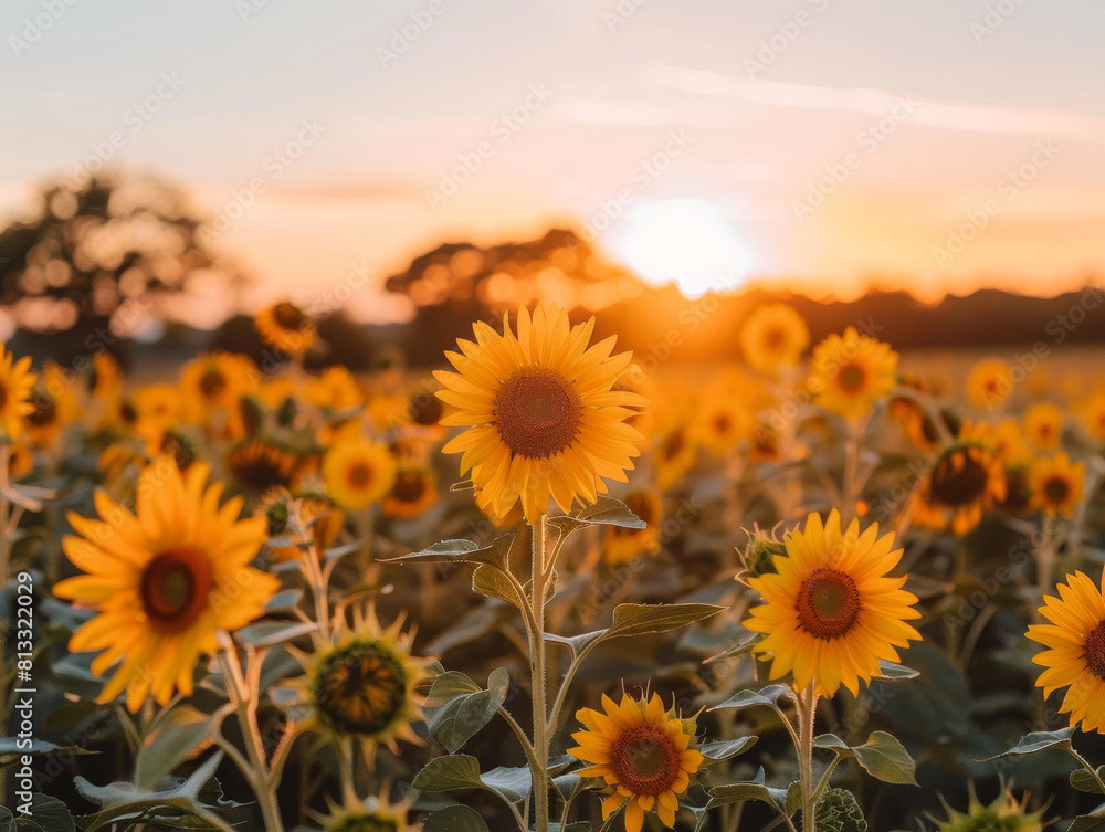view of beautiful sunflower farm during sunset - ai