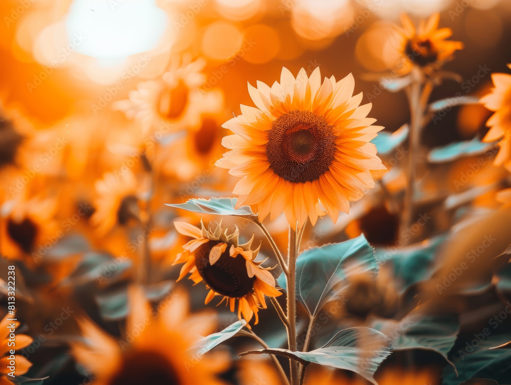 Naklejka premium view of beautiful sunflower farm during sunset - ai