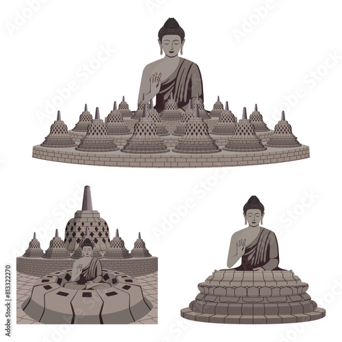 Illustration of borobudur temple with buddha statue