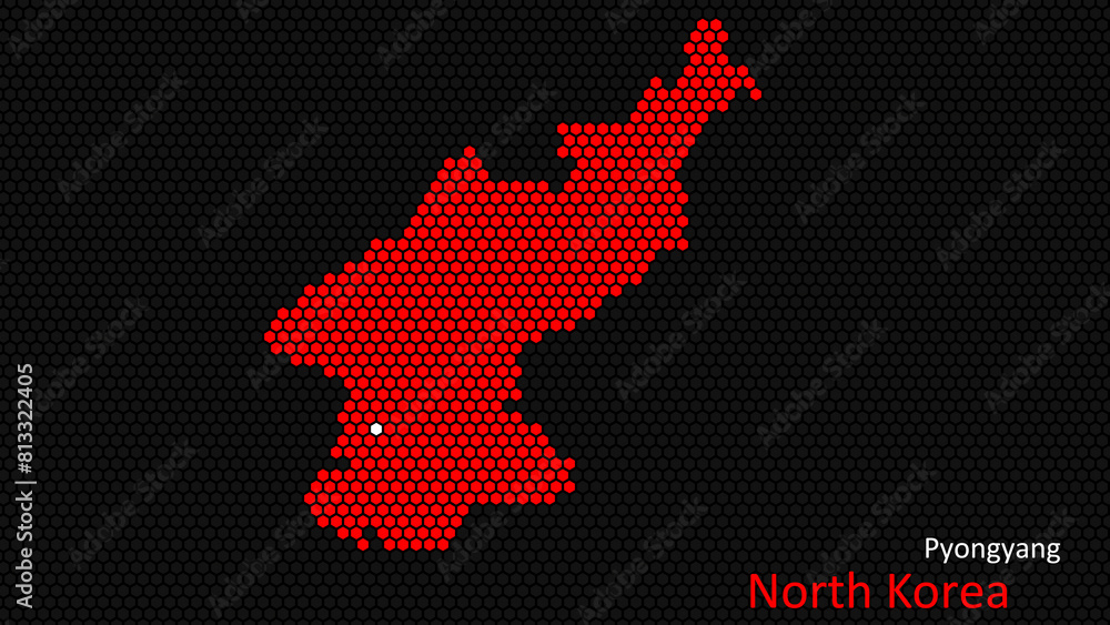 A map of North Korea, with a dark background and the country's outline in the shape of a colored hexagon, centered around the capital. A simple sketch of the country A map of North Korea, with a dark background and the country's outline in the shape of a colored hexagon, centered around the capital. A simple sketch of the country