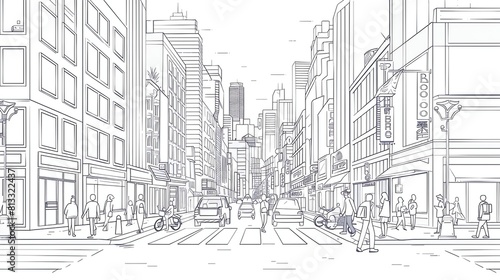 A minimalist line art illustration of a bustling city.