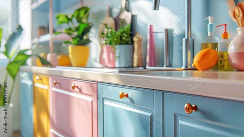 Vibrant close-up of pastel cabinet doors, capturing vintage details in a modern kitchen setup with perfect lighting