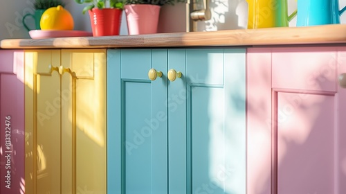 Vibrant close-up of pastel cabinet doors, capturing vintage details in a modern kitchen setup with perfect lighting