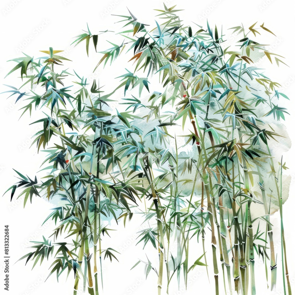 Obraz premium Watercolor painting of a peaceful grove of bamboo trees swaying gently in the wind, on isolated white background, Generative AI
