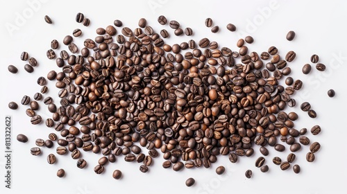 Top view of a generous spread of roasted coffee beans, beautifully arranged for showcasing, isolated background, studio lighting