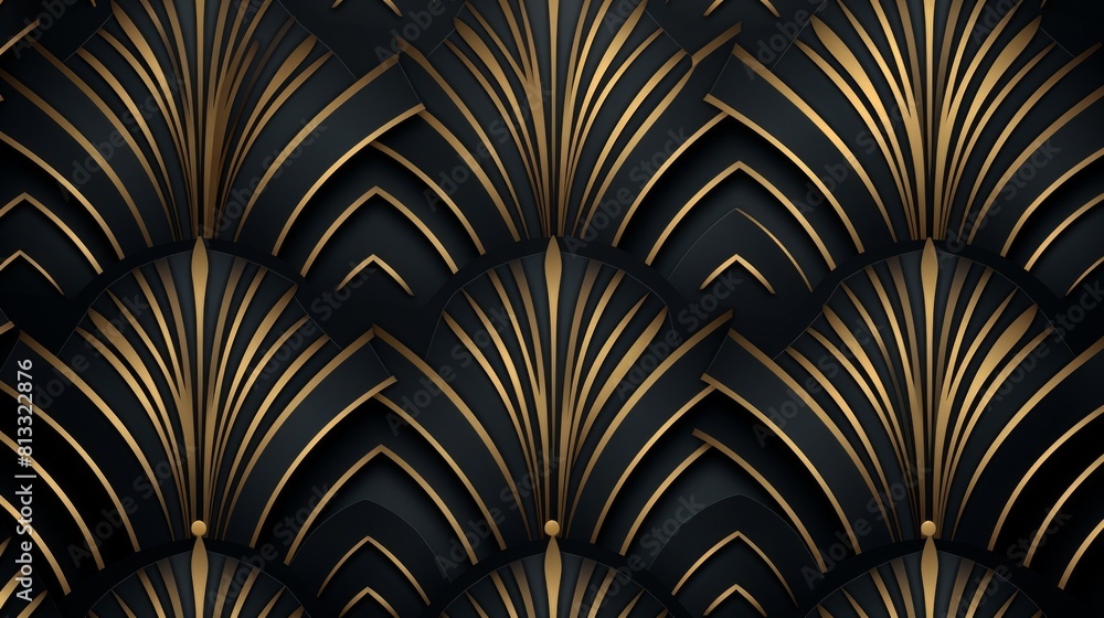 Intricate gold art deco pattern set against a black background Intricate gold art deco pattern set against a black background