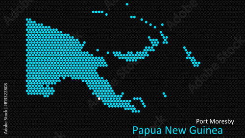 A map of Papua New Guinea, with a dark background and the country's outline in the shape of a colored hexagon, centered around the capital. A simple sketch of the country
