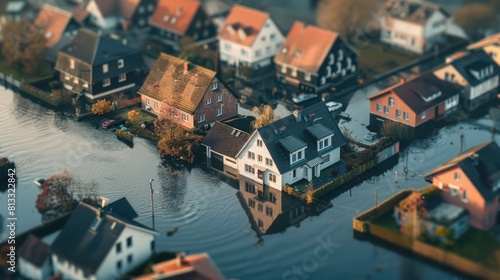 Suburban Flood Disaster  Aerial View of Residential Flooding Emergency