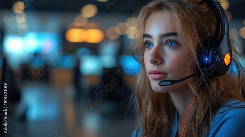 Young Female Gamer with Headset Playing