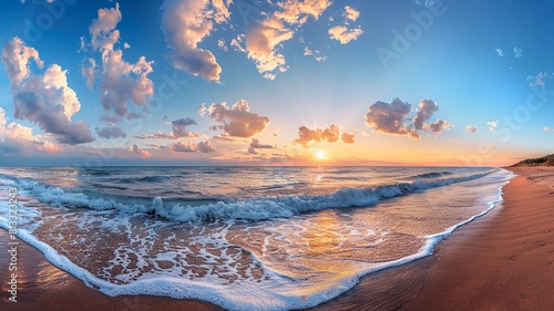 Sunrise over the sea with sand beach, Panorama shot.