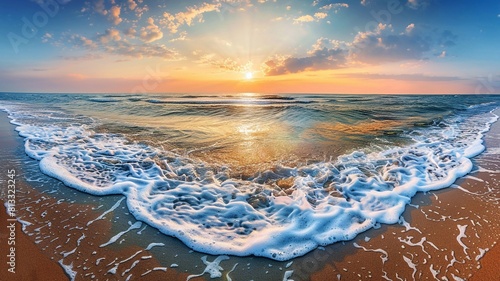 Sunrise over the sea with sand beach, Panorama shot.