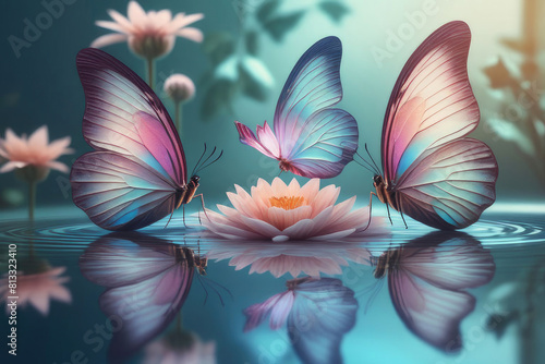 Dreamlike of a fluttering butterfly and flowers reflected in a still body of water.