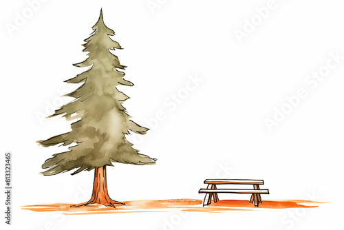 The image shows a watercolor painting of a tall pine tree next to a wooden bench
