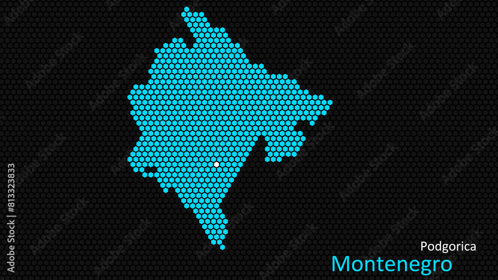 A map of Montenegro, with a dark background and the country's outline in the shape of a colored hexagon, centered around the capital. A simple sketch of the country