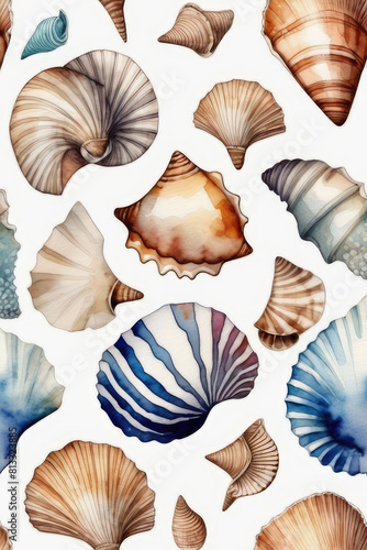 Beach seashells white background, in blue, ocher and gold colors in watercolor style.