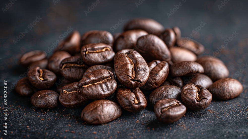 Studio-lit close-up view of a small heap of roasted coffee beans, highlighting their glossy texture and rich aroma for advertising Studio-lit close-up view of a small heap of roasted coffee beans, highlighting their glossy texture and rich aroma for advertising