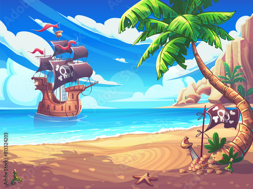 Cartoon seascape with Pirates ship