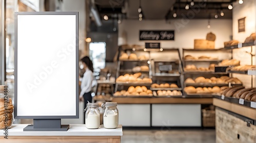  Blank advertising mockup board for advertisement at the bakery shop. 