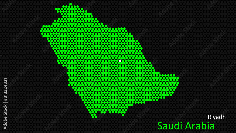 A map of Saudi Arabia, with a dark background and the country's outline in the shape of a colored hexagon, centered around the capital. A simple sketch of the country