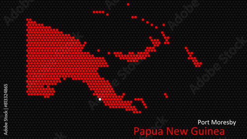 A map of Papua New Guinea  with a dark background and the country s outline in the shape of a colored hexagon  centered around the capital. A simple sketch of the country