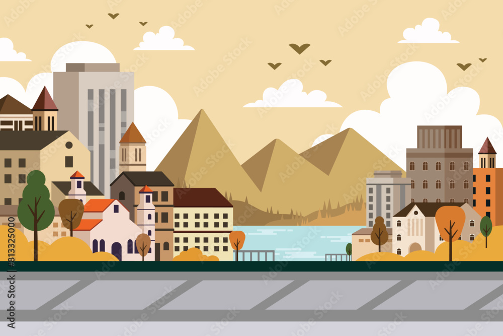 Obraz premium Urban landscape in a geometric minimal flat style, Flat design urban landscape illustration