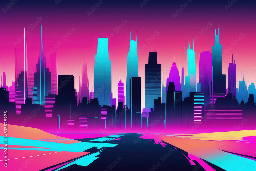 Colorful neon cityscape skyline with various buildings and skyscrapers silhouetted against the gradient background.