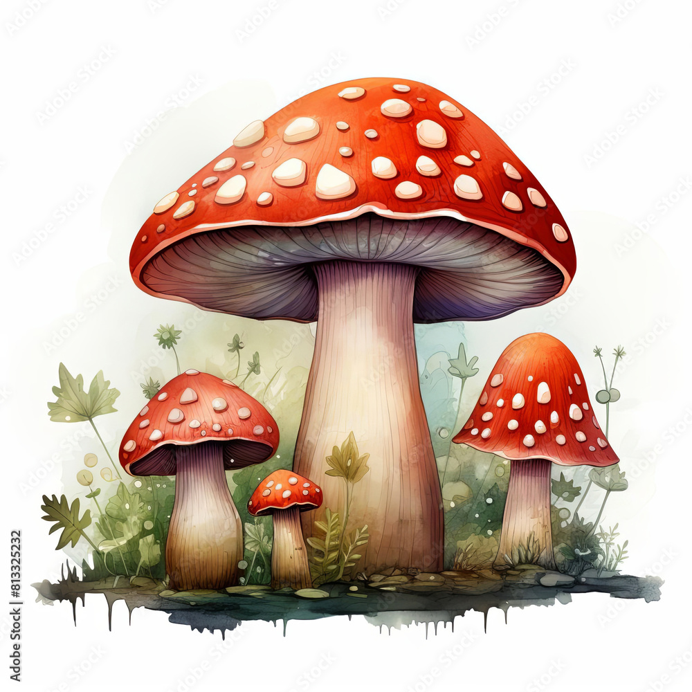 A family of red and white spotted mushrooms in a lush green forest. The mushrooms are of different sizes, with the largest one in the center. The forest is full of lush vegetation. A family of red and white spotted mushrooms in a lush green forest. The mushrooms are of different sizes, with the largest one in the center. The forest is full of lush vegetation.