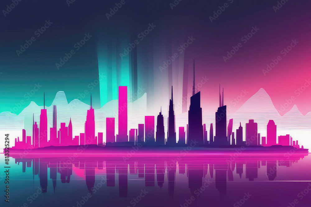 Colorful neon cityscape skyline with various buildings and skyscrapers silhouetted against the gradient background.