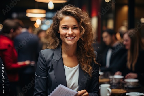 Beautiful young woman with curly brown hair, smiling and working in a bar.