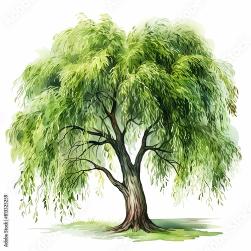 A watercolor painting of a willow tree in full bloom