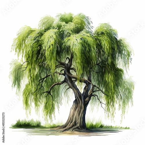 A watercolor painting of a large, graceful willow tree with long, drooping branches and lush green leaves