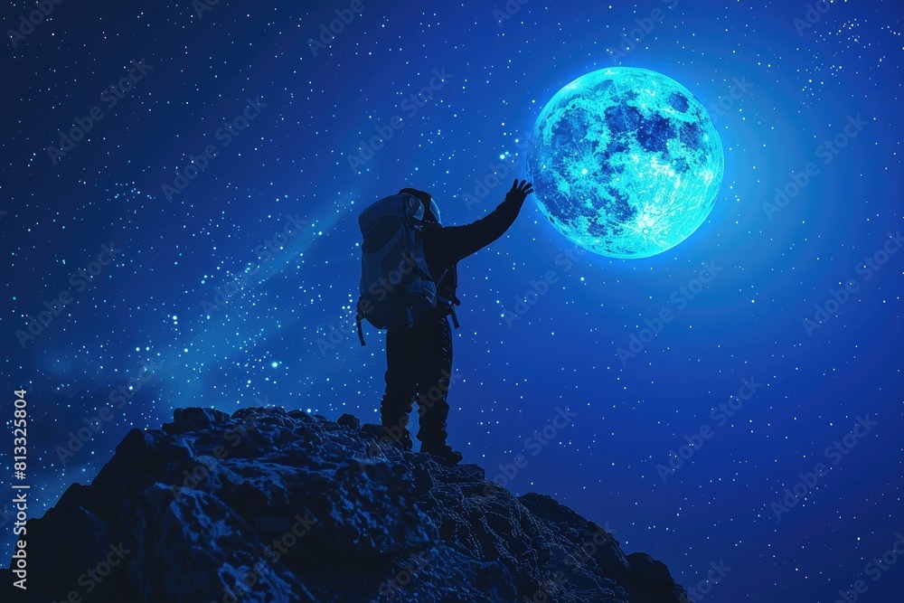 Fototapeta premium Space suit, standing on top of a mountain, reaching out to touch the full moon