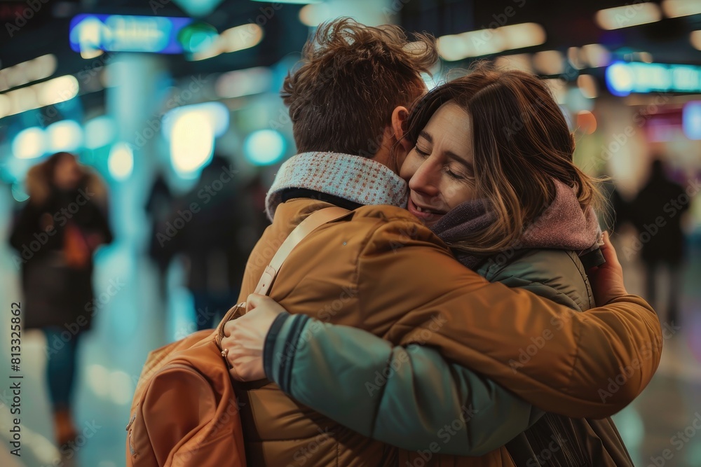 A couple embraces warmly upon meeting at the arrivals gate of an airport. A couple embraces warmly upon meeting at the arrivals gate of an airport.