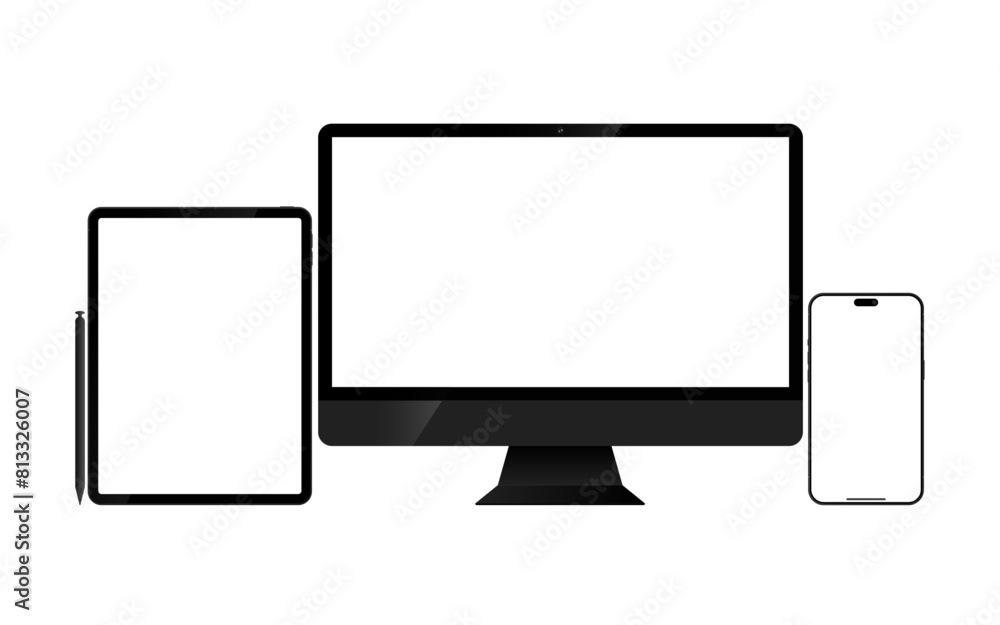 Realistic mockups of devices isolated on white background. Vector set of phone, tablet and computer Empty screen mock-up. Realistic mockups of devices isolated on white background. Vector set of phone, tablet and computer Empty screen mock-up.