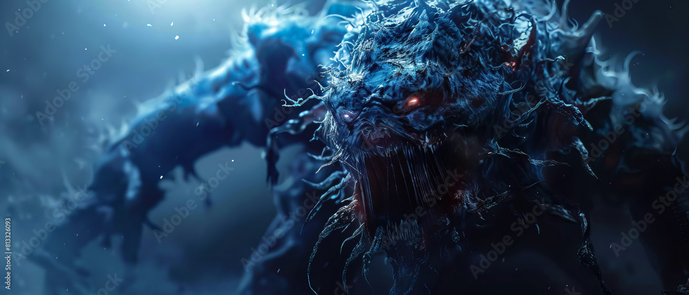 Fototapeta premium Ominous alien creature showing signs of virus infection, dark atmospheric setting, eerie glow