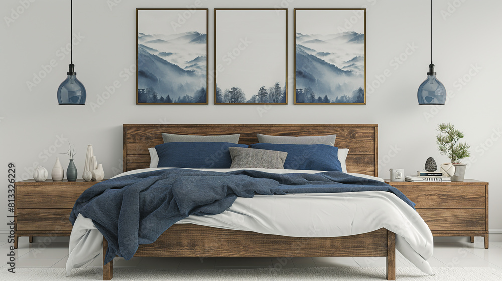 Obraz premium Within the comforting embrace of a rustic bedroom, a wooden bed stands as the centerpiece, adorned with plush blue pillows that promise a night of peaceful slumber.