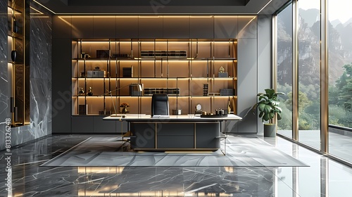 A minimalist CEO office with glass walls, a black leather executive chair, and a white lacquered desk complemented by gold accents, radiating power and prestige photo