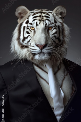White tie on a white tiger, studio portrait in a suit 🐅🎩 A unique blend of elegance and wild beauty, captivating and refined. photo