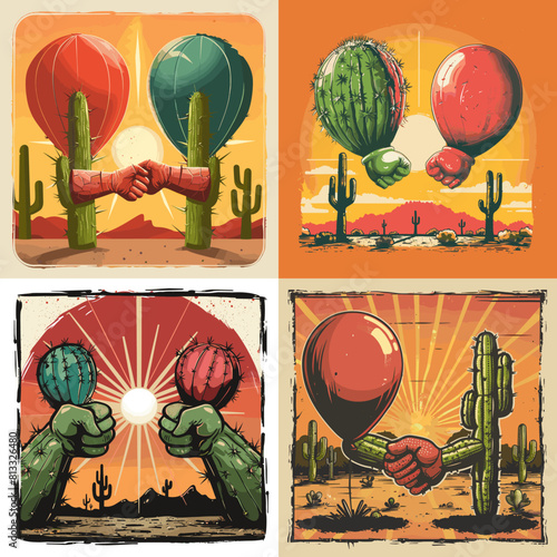 Surreal desert artwork featuring cacti and hot air balloons forming fists and handshakes, symbolizing unity, strength, and nature in a vintage western-style illustration.