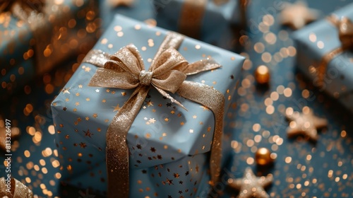 Powder blue presents, gold ribbons tied neatly, placed on a similarly toned backdrop, surrounded by tiny golden stars